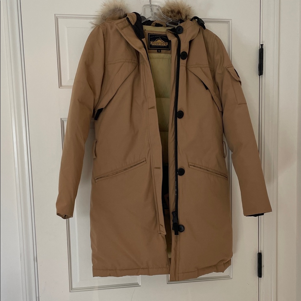Penfield Beige Parka, fur around hood, with Black Buttons, XS